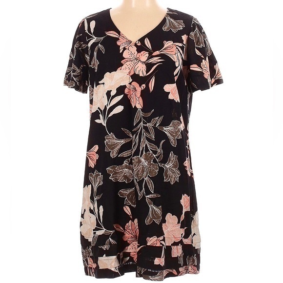 Nicole Miller Floral Linen Short Sleeve Shift Oversized Black Dress Size XXL - Picture 1 of 10